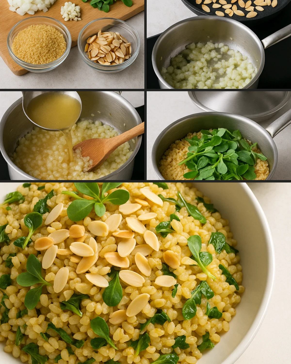 Bademli Semizotlu Bulgur Pilavı (Limonlu Yoğurtlu Sos) hazırlanış aşamaları