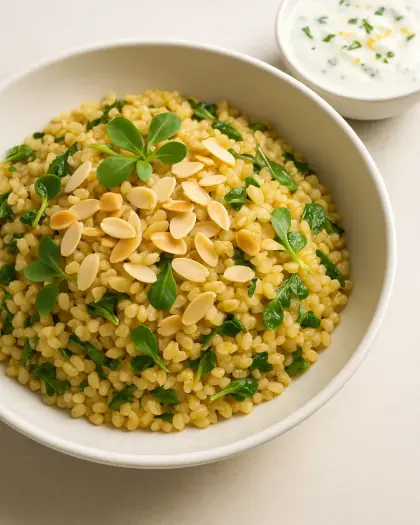 Bademli semizotlu bulgur pilavı sunumu - limonlu yoğurtlu sos ile