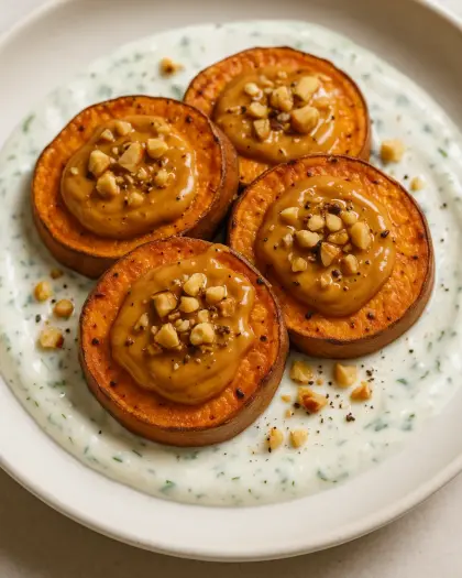 Ballı fıstık ezmeli fırın tatlı patates dilimleri naneli yoğurt sosuyla