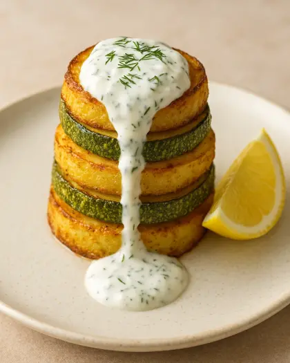 Kabak patates kulesi limonlu ve yoğurtlu dereotlu sos ile