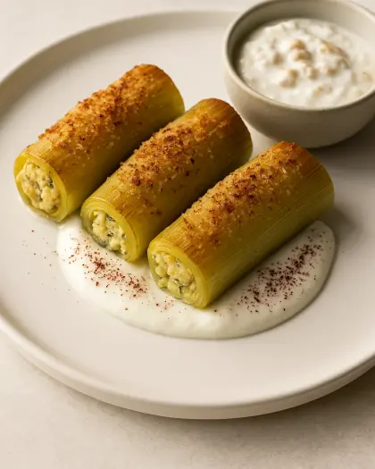 Fırında Pırasa Ruloları (Lorlu, Cevizli Yoğurtlu Sos) sunumu