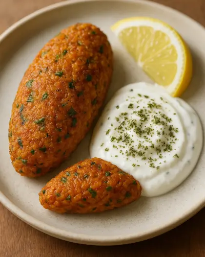Fırında mercimek köftesi tabağı, yoğurtlu naneli sos ve limon dilimleri