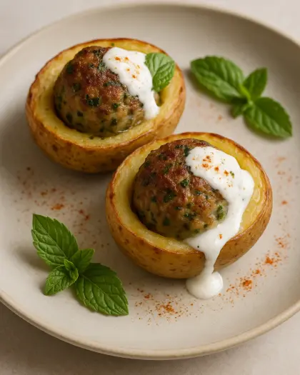 Fırında hindi köftesi ve patates kasesi (naneli)