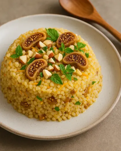 kuru incirli bulgur pilavı — portakallı, bademli yan yemek sunum görseli
