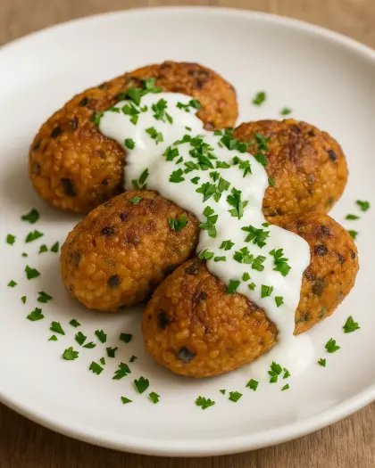 Patlıcanlı bulgur köftesi yoğurtlu sarımsaklı sosla