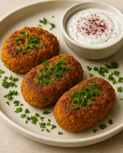 Tahinli havuç kinoa kroket — yoğurtlu sumak sos ile sunum