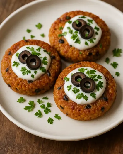 Tavada zeytinli bulgur köftesi tabağı ve yoğurt sosu sunumu